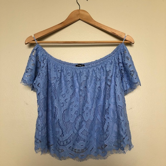 Light Blue Lace Off the Shoulder Top, S || Express - Picture 3 of 6